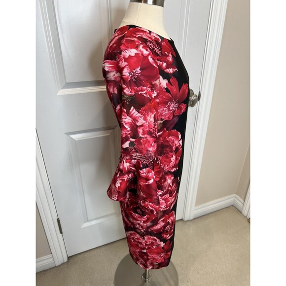 Calvin Klein womens Red Floral Black Bell Sleeve knee length Sheath Dress size 4 - Picture 3 of 11